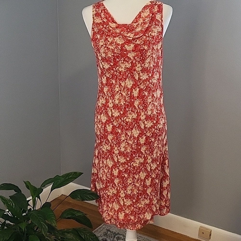 Jones New York Red and Tan Lined Floral Drape Neck Pullover Dress - Size 14